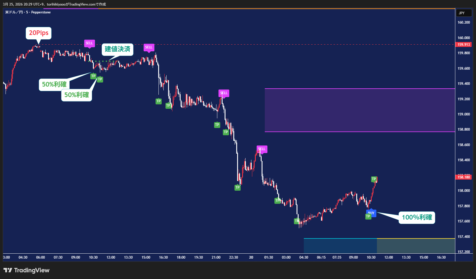 トレンド決済 — 20Pips, 50%利確×2, 建値決済, 100%利確